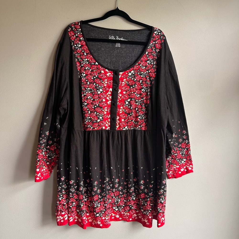 Ulla Popken Womens Plus Size 20/22 Black Red Rose Floral Cotton Babydoll Tunic